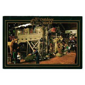 Bass Pro Outdoor World Log Cabin Postcard Vintage Scene Two Story Bear Display